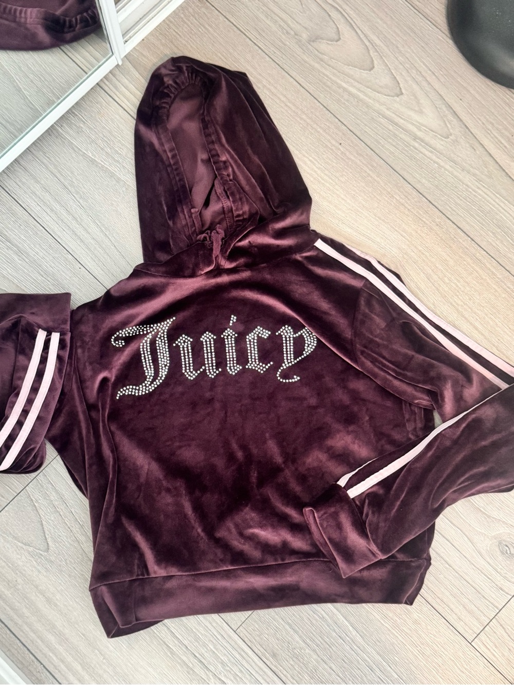 Juicy Couture Girls' Burgundy Velvet Hoodie with Crystal Logo
